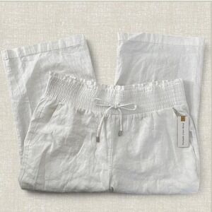 Land n Sea Womens White Linen Wide Leg Smocked Drawstring Capri Pants Size M NWT